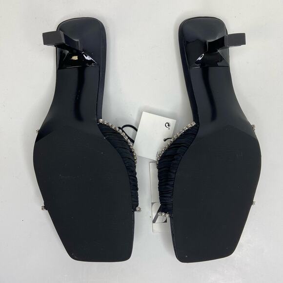 New Zara Crystal Trim Open Square Toe Black Satin Mule Slide Sandals Size 6.5 - Picture 14 of 15